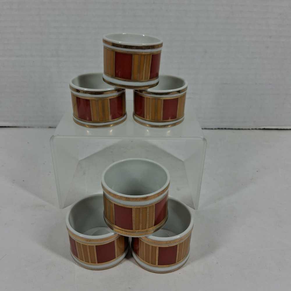 Vintage Geometric Ceramic‎ Napkin Rings Set of 6 Red Tan Gold Trim Mid Century
